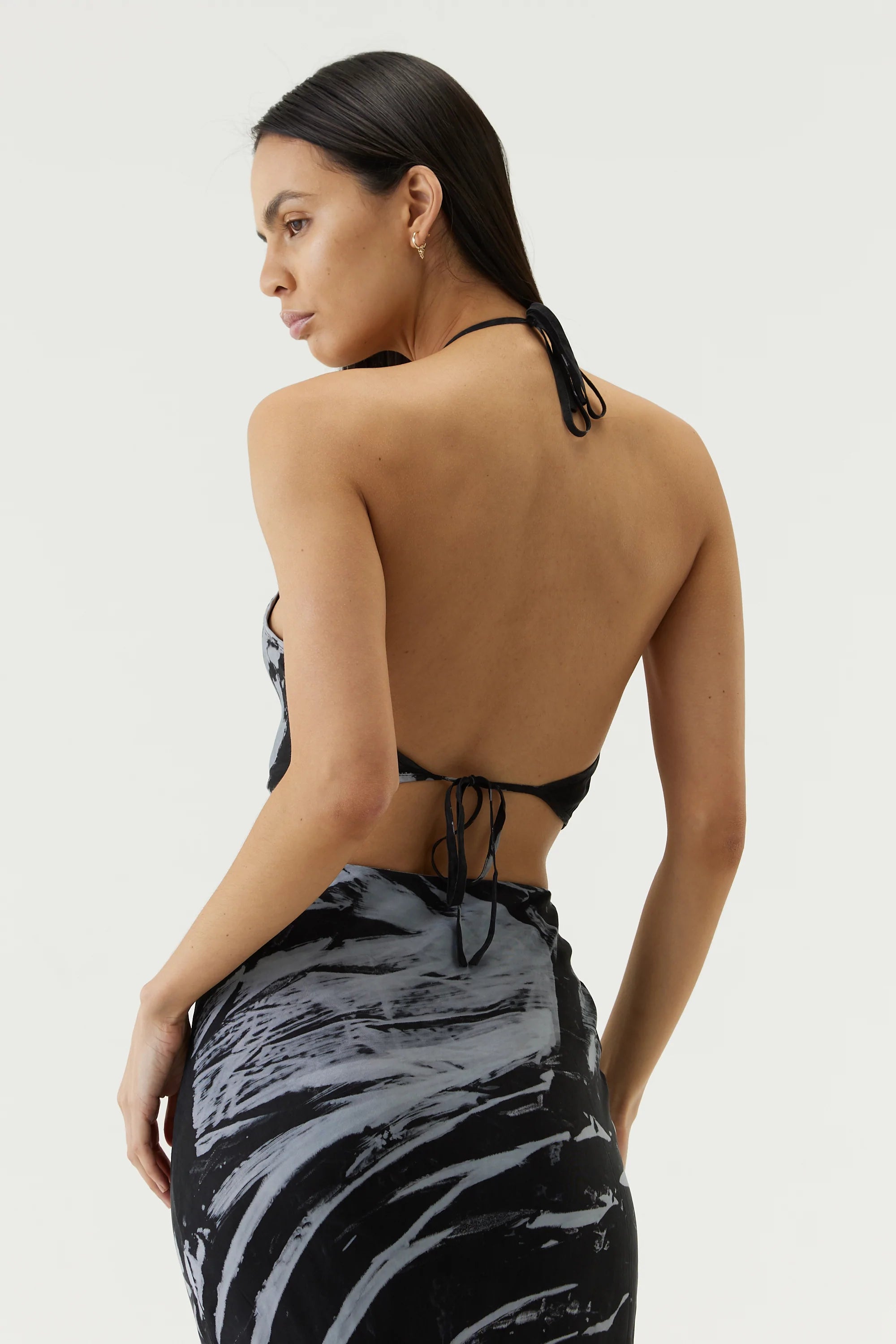 Elysian Collective Third Form Twist Through Bias Halter Top Black Tie Dye