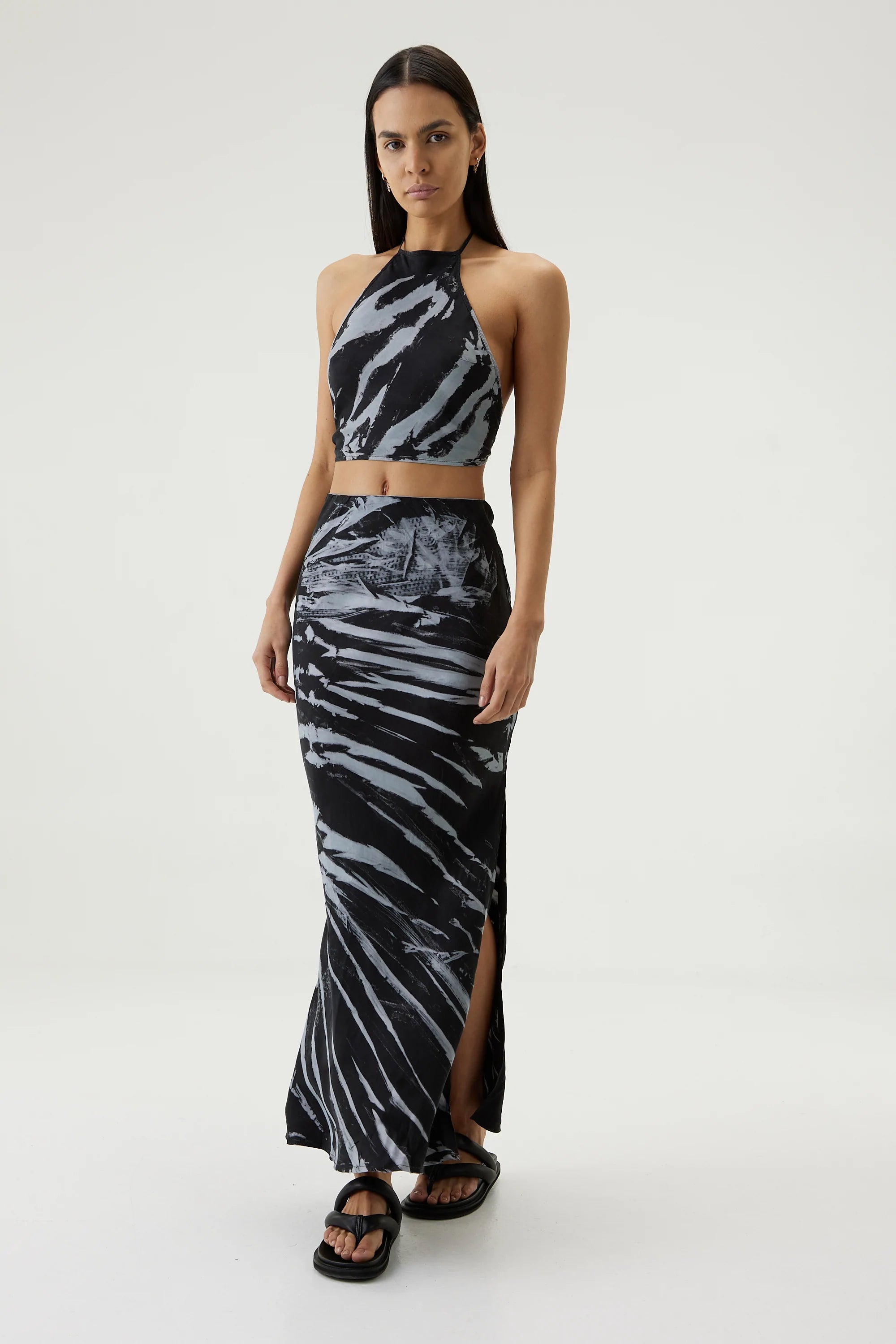 Elysian Collective Third Form Twist Through Bias Halter Top Black Tie Dye