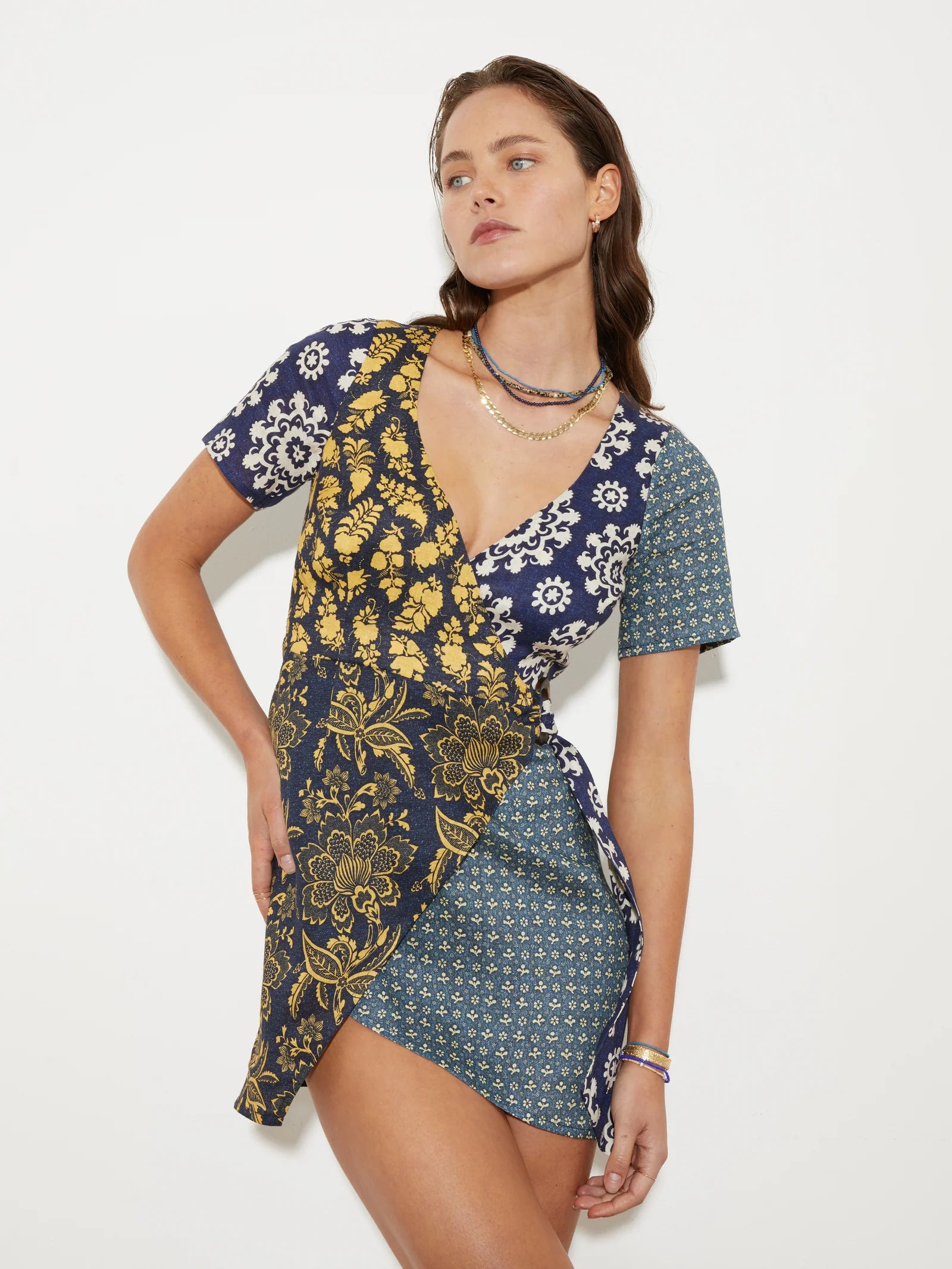 Elysian Collective Boteh Florimonde Mini Wrap Dress Indigo Patchwork