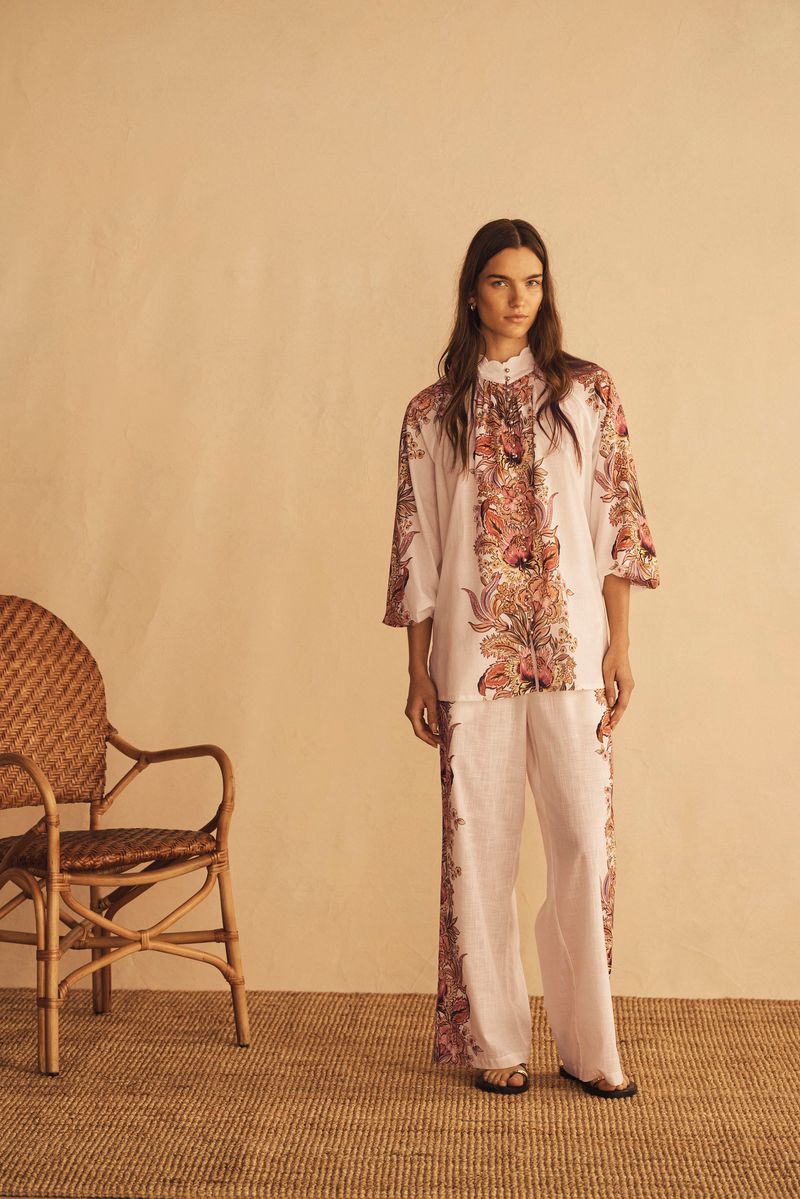 Elysian Collective Aur Ocea Bel Fiore Trellis Scallop Billow Sleeve Blouse