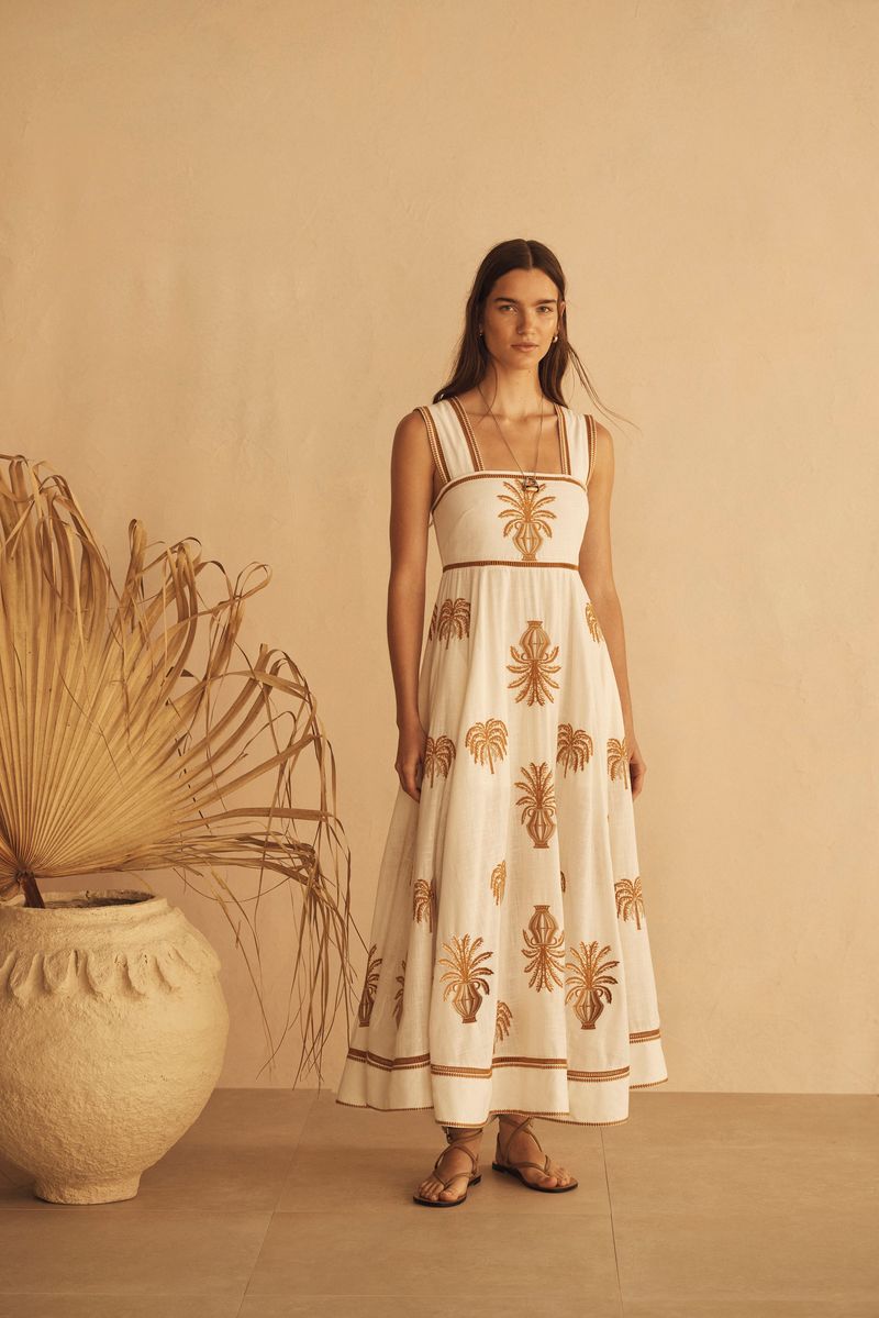 Elysian Collective Aur Ocea Palma Dalla Palma Embroidered Empire Maxi Dress