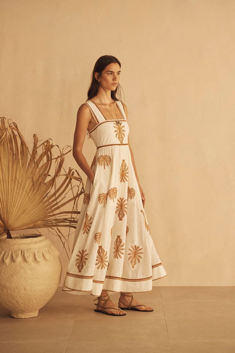 Elysian Collective Aur Ocea Palma Dalla Palma Embroidered Empire Maxi Dress