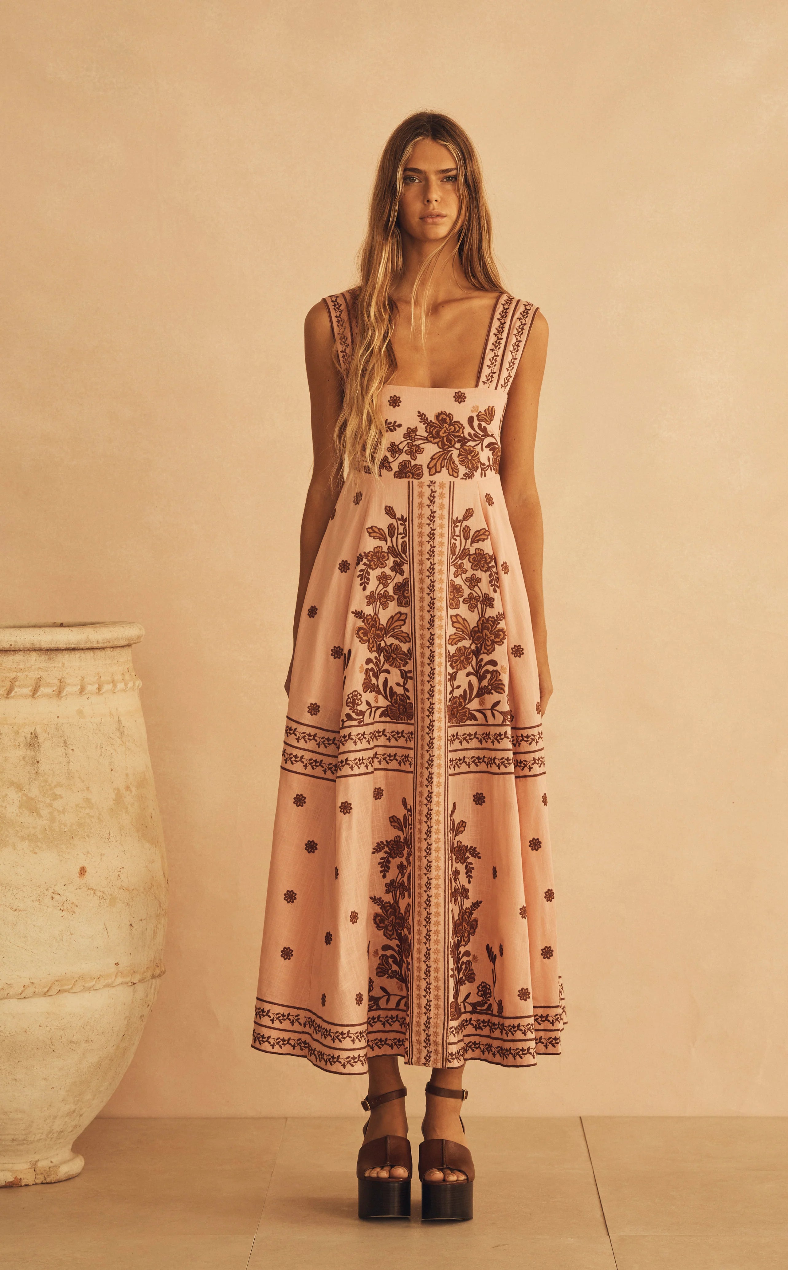 Elysian Collective Aur Ocea Infiorata Embroidered Empire Maxi Dress