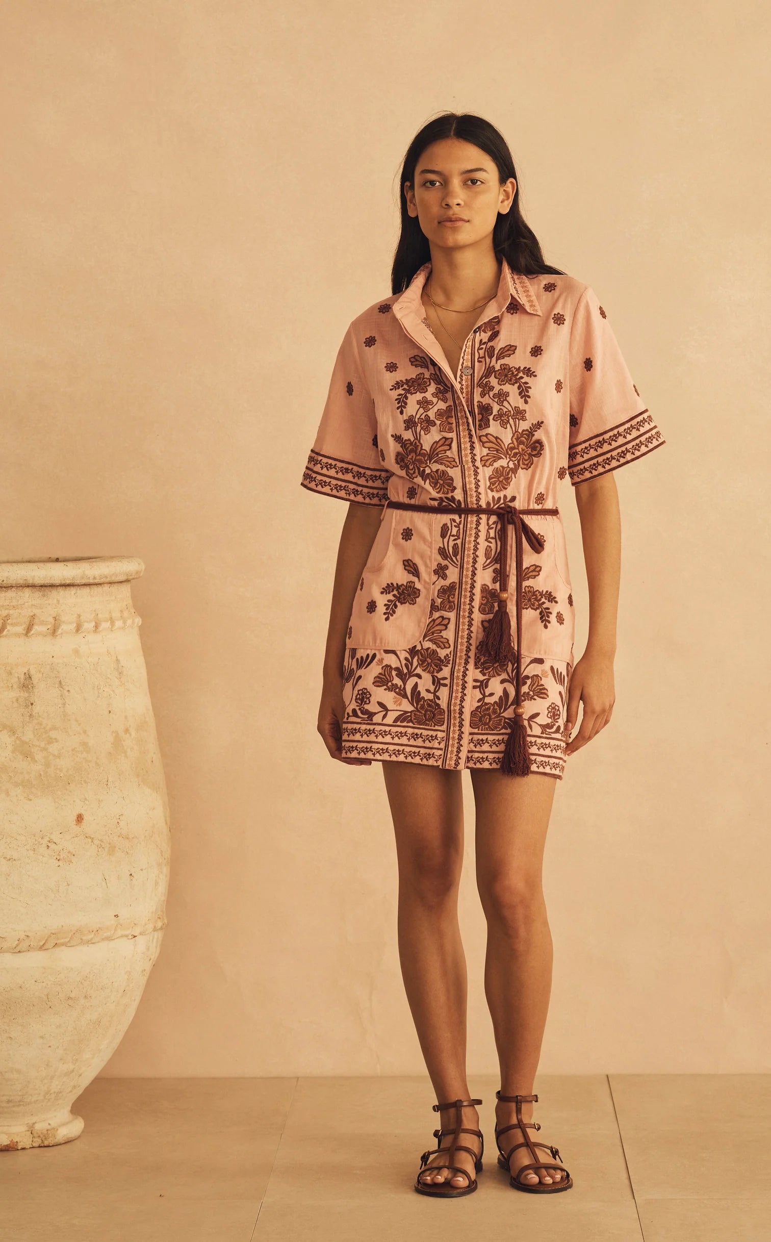Elysian Collective Aur Ocea Infiorata Embroidered Mini Shirt Dress