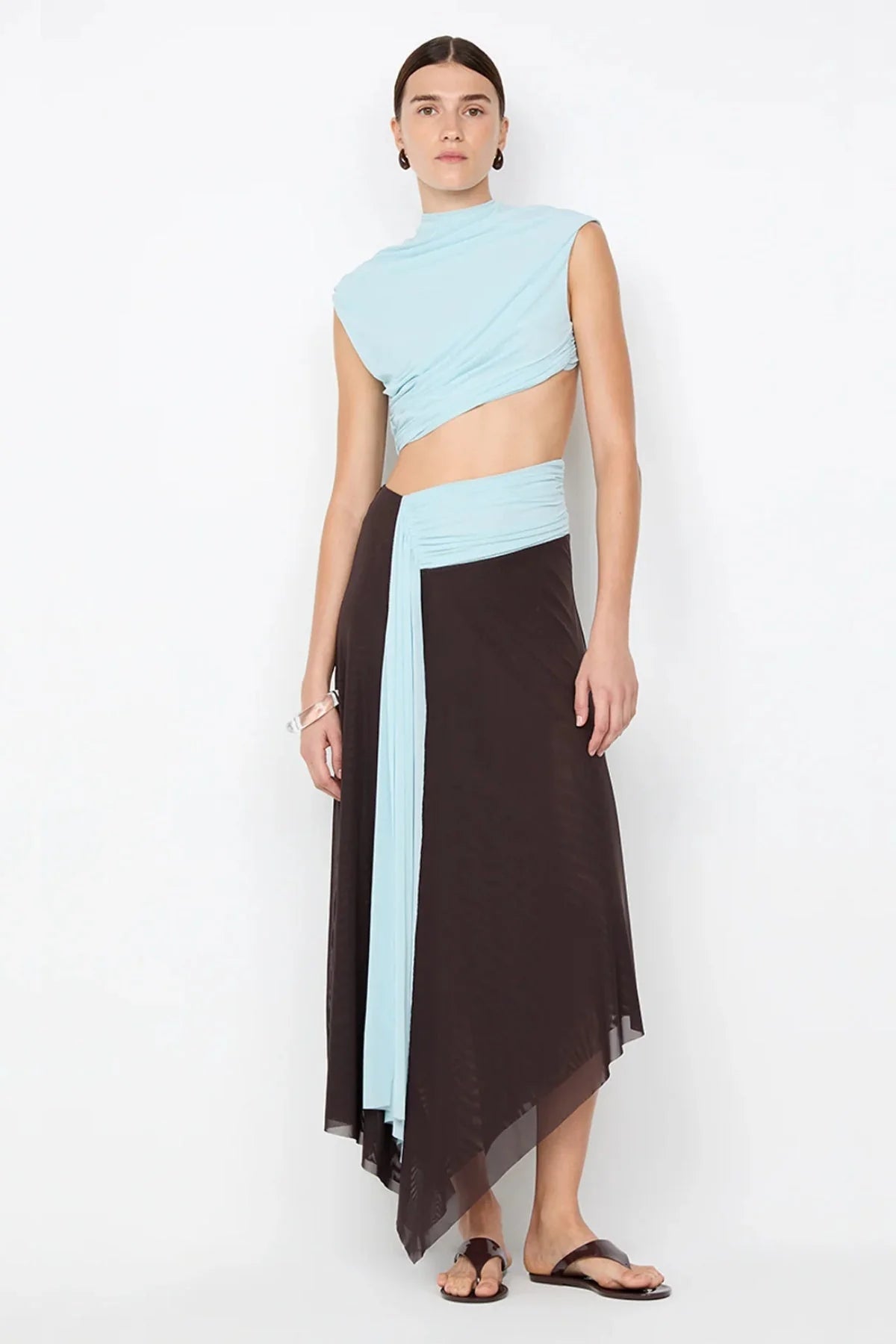 Elysian Collective Bec + Bridge Conni Asym Midi Dress Artic Blue Dark Chocolate