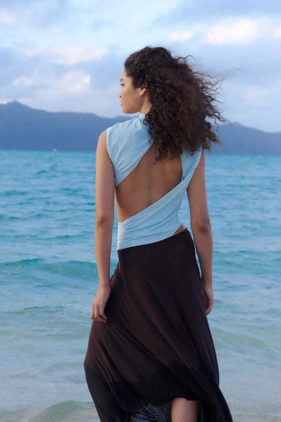 Elysian Collective Bec + Bridge Conni Asym Midi Dress Artic Blue Dark Chocolate