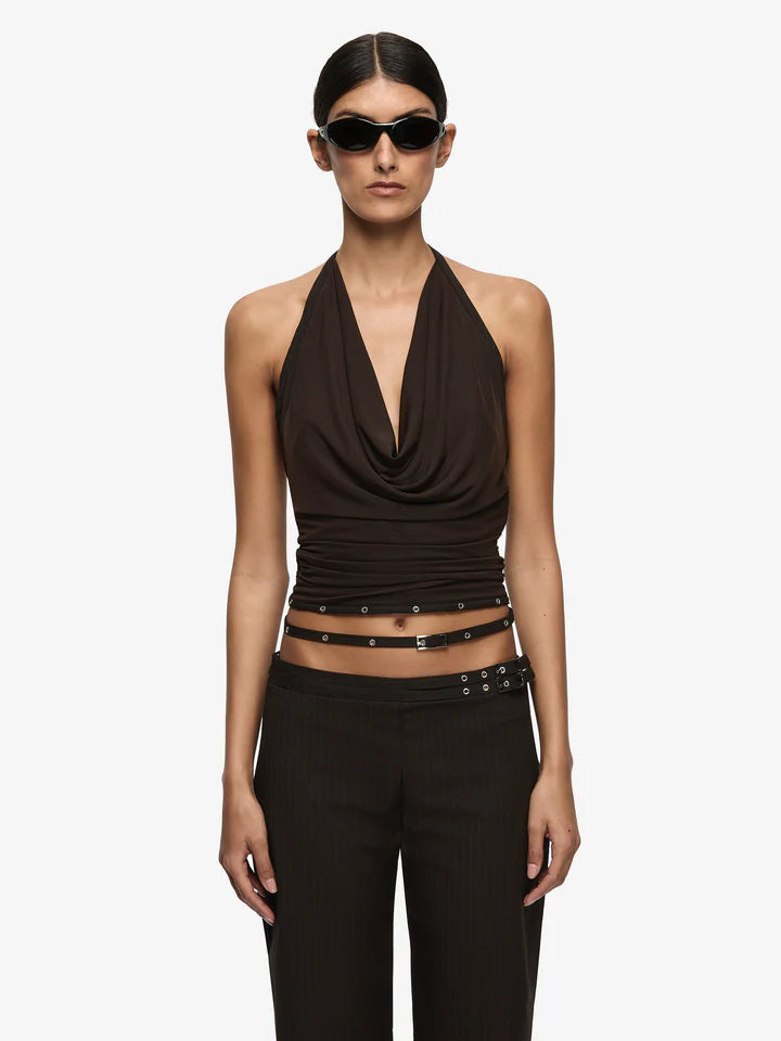 Elysian Collective Bec and Bridge Sazriel Buckle Pant Choc Amber Stripe