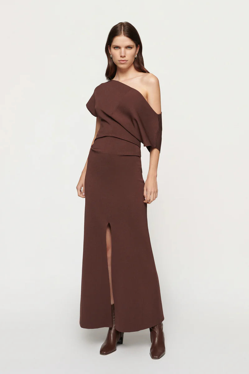 Elysian Collective Clea Galerie Harris Asym Knit Dress Bitter Chocolate