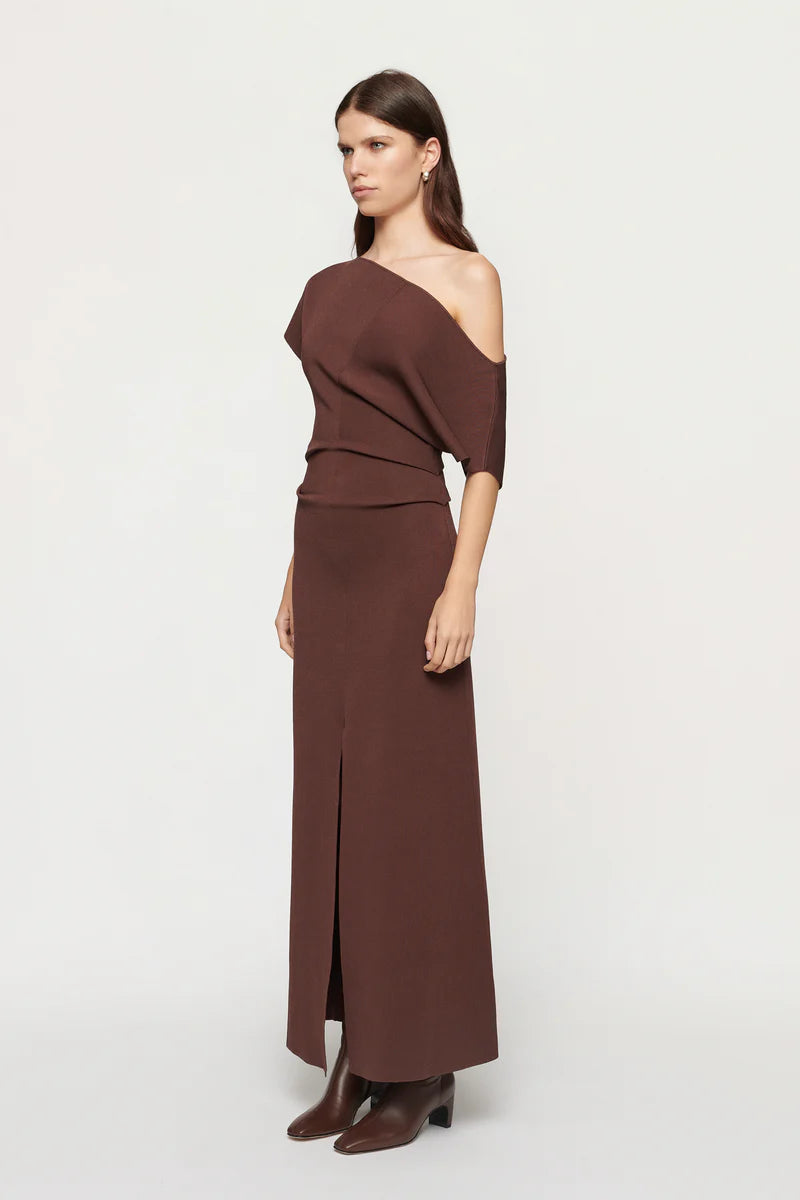 Elysian Collective Clea Galerie Harris Asym Knit Dress Bitter Chocolate
