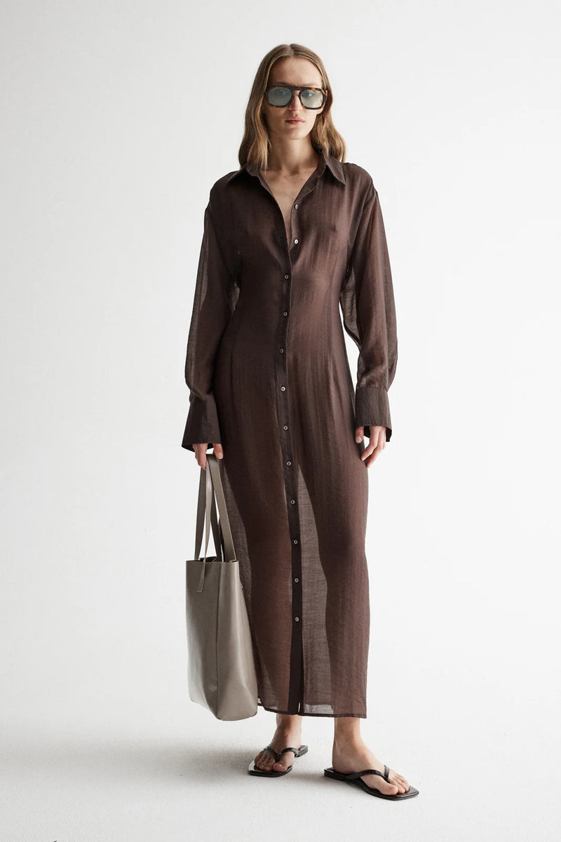 elka collective brown dress Havana Chocolate Stripe Maxi Shirt Dress