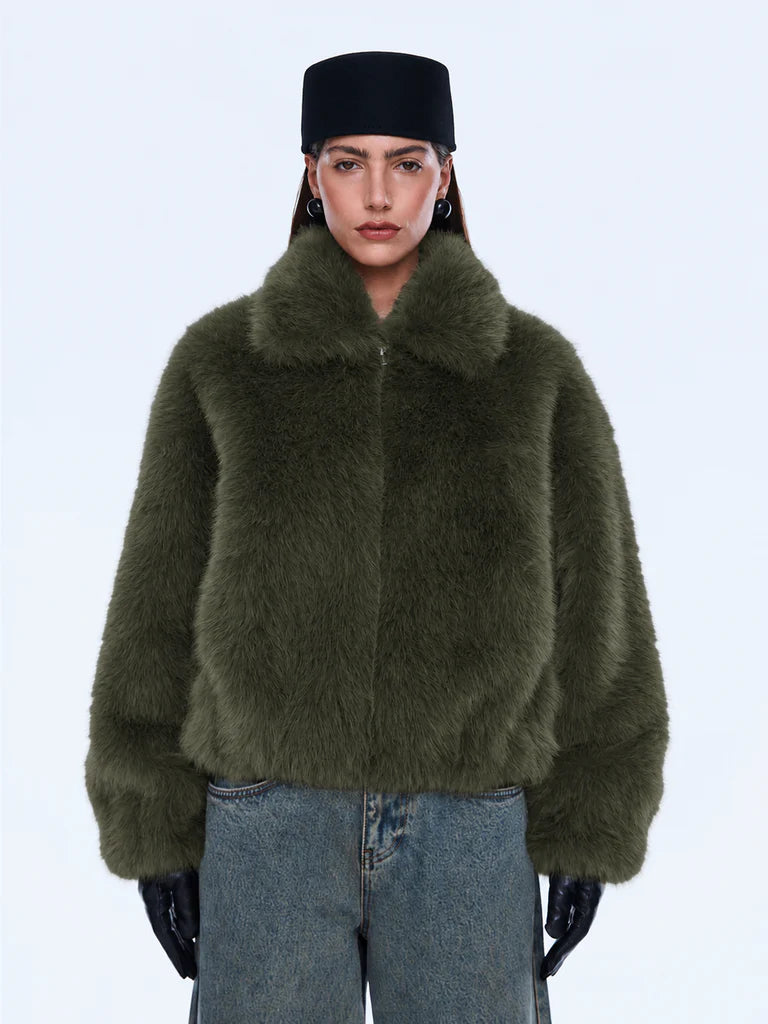 Elysian Collective Ena Pelly Daphne Faux Fur Bomber Olive