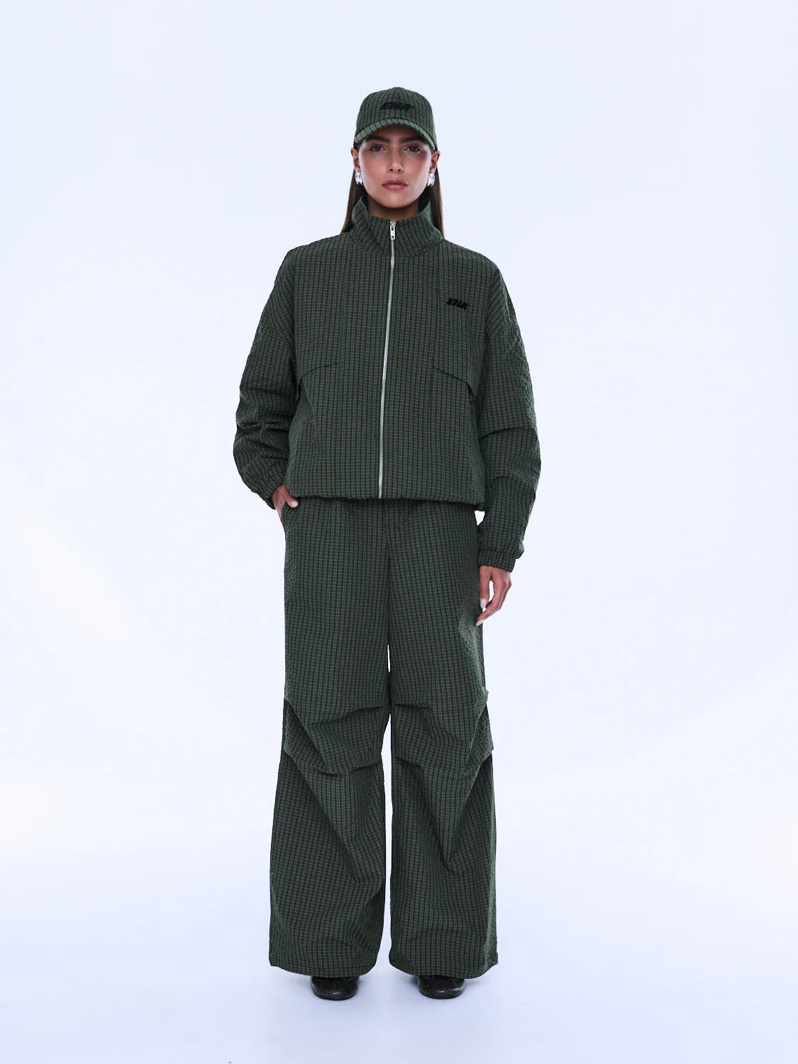 Elysian Collective Ena Pelly Fallon Zip Through Jacket Olive Check