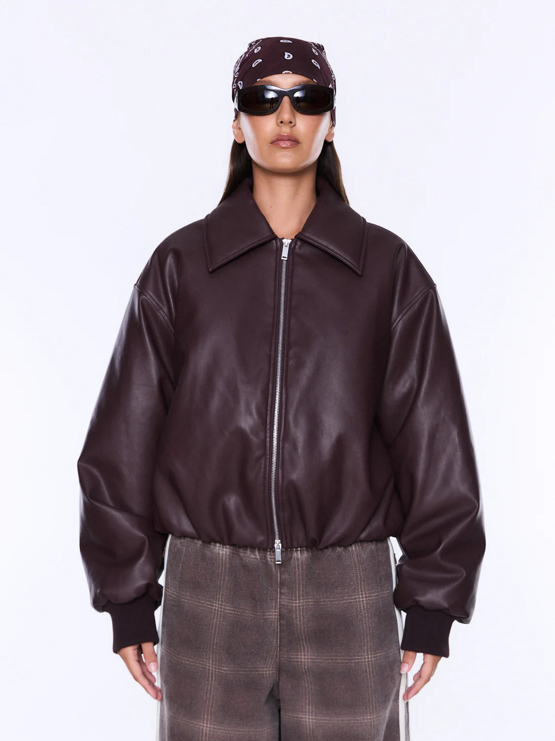 Elysian Collective Ena Pelly Monroe Faux Leather Bomber Jacket Burgundy