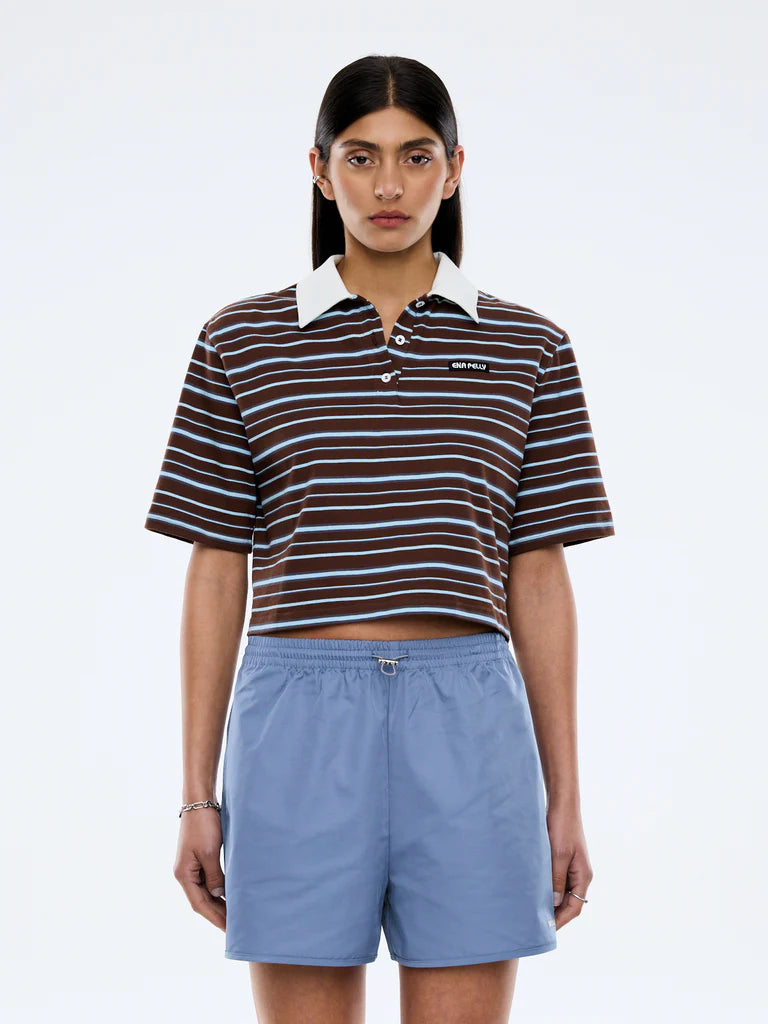 Elysian Collective Ena Pelly Violet Short Sleeve Polo Blue Choc Stripe