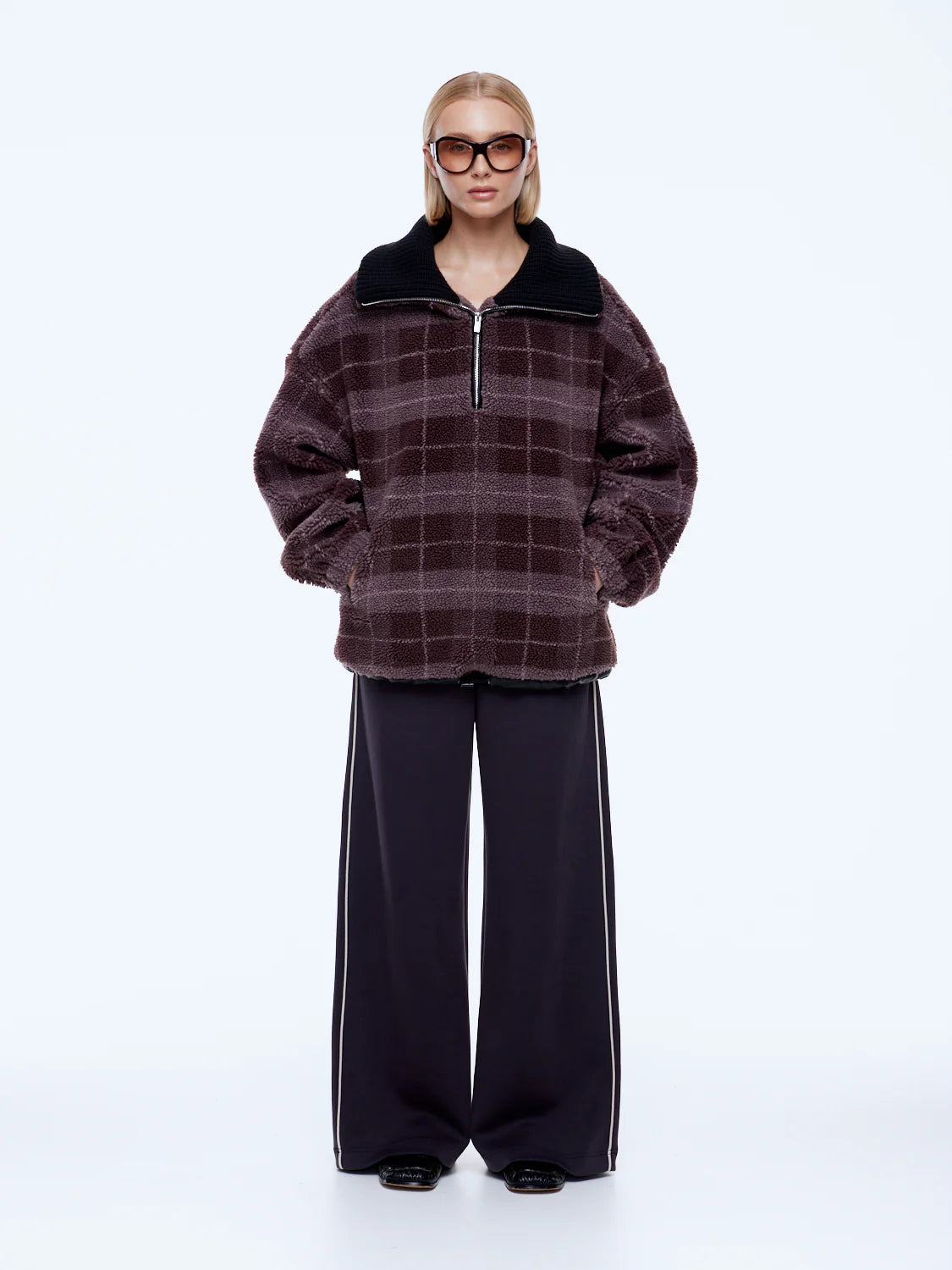 Elysian Collective Ena Pelly Winnie Quarter Zip Burgundy Plaid