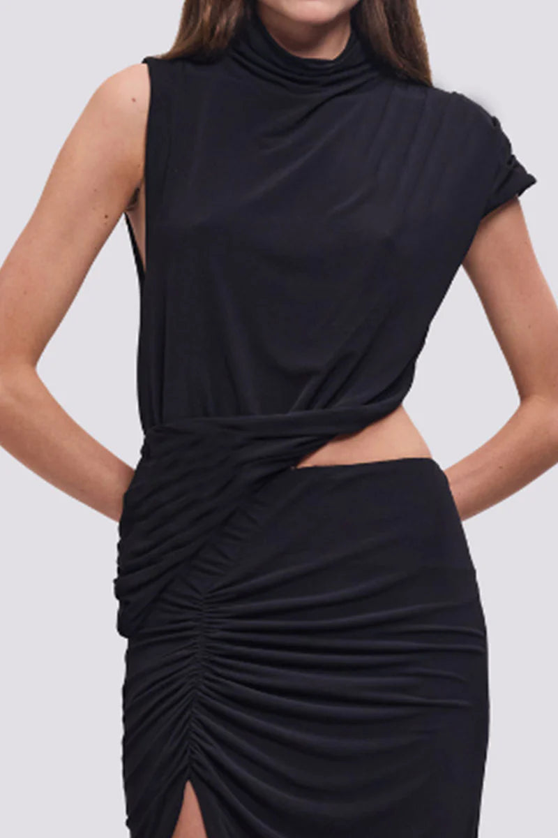 Elysian Collective Suboo Kaykay Draped Cut Out Asymmetrical Maxi Dress Black