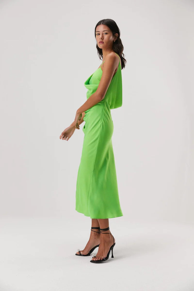 Elysian Collective Misha Alden Satin Midi Dress Lime Green