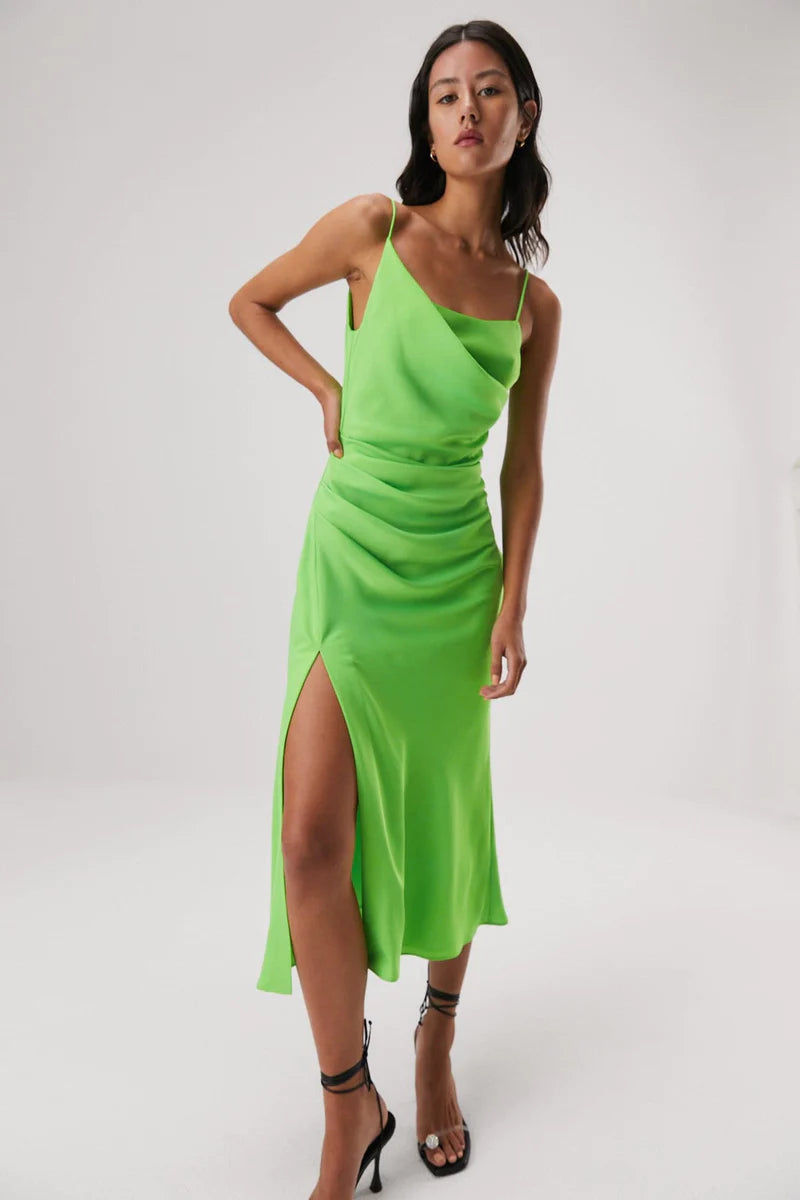 Elysian Collective Misha Alden Satin Midi Dress Lime Green