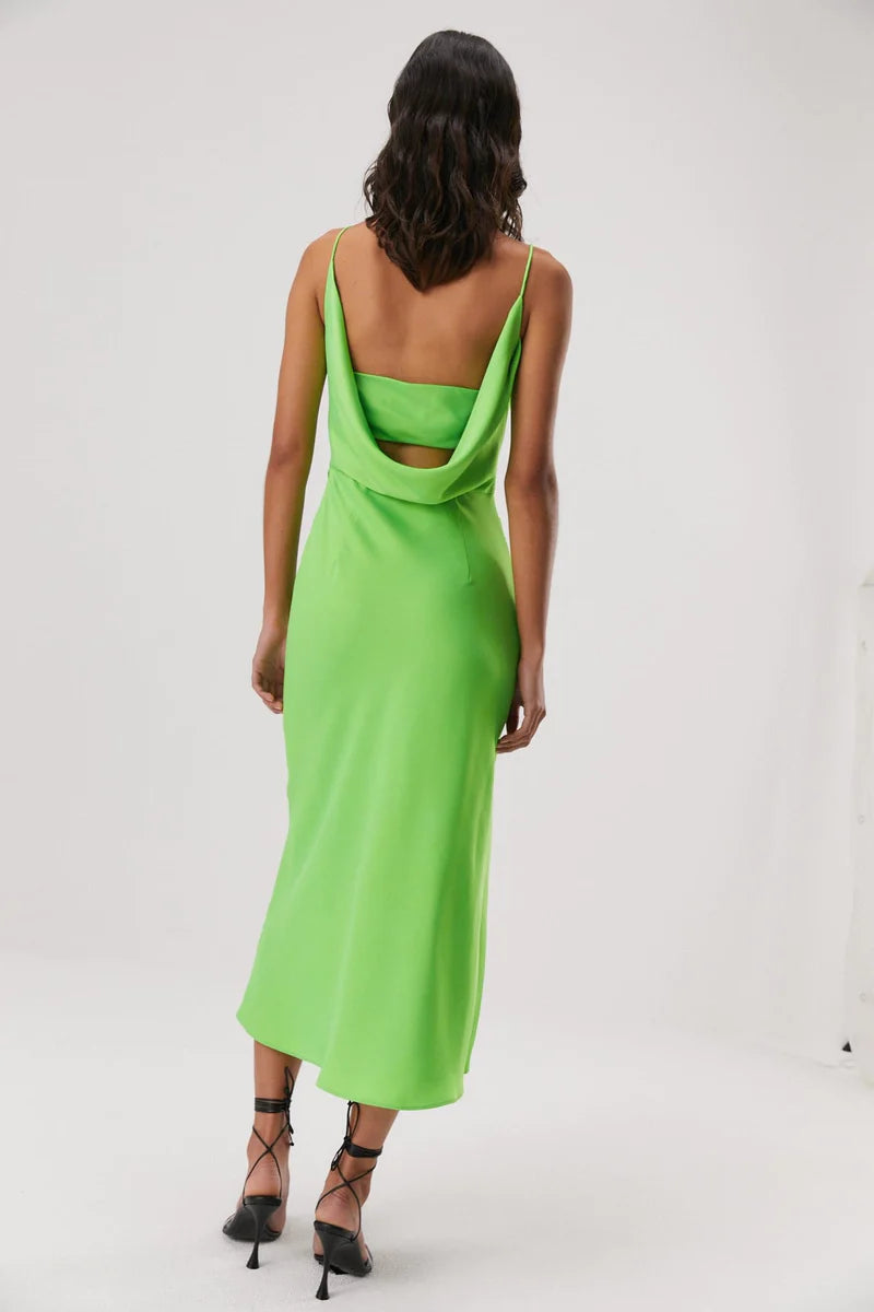 Elysian Collective Misha Alden Satin Midi Dress Lime Green