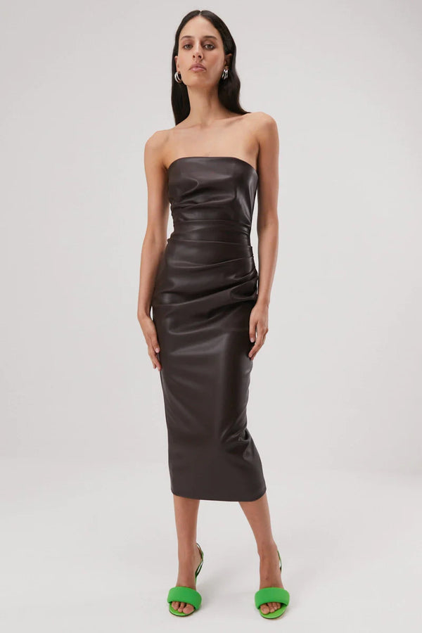 Elysian Collective MIsha Griffin Drape Detail Strapless Dress Chocolate