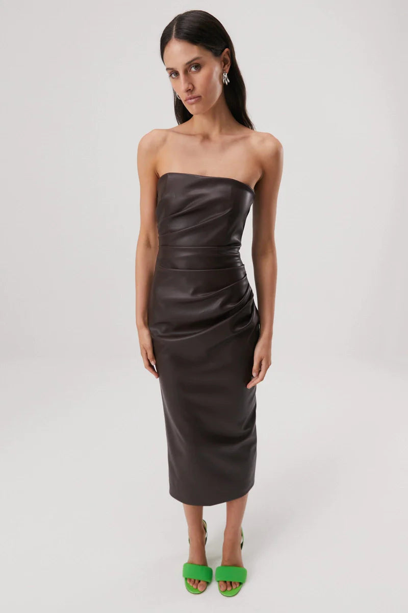 Elysian Collective Misha Griffin Drape Detail Strapless Dress Chocolate