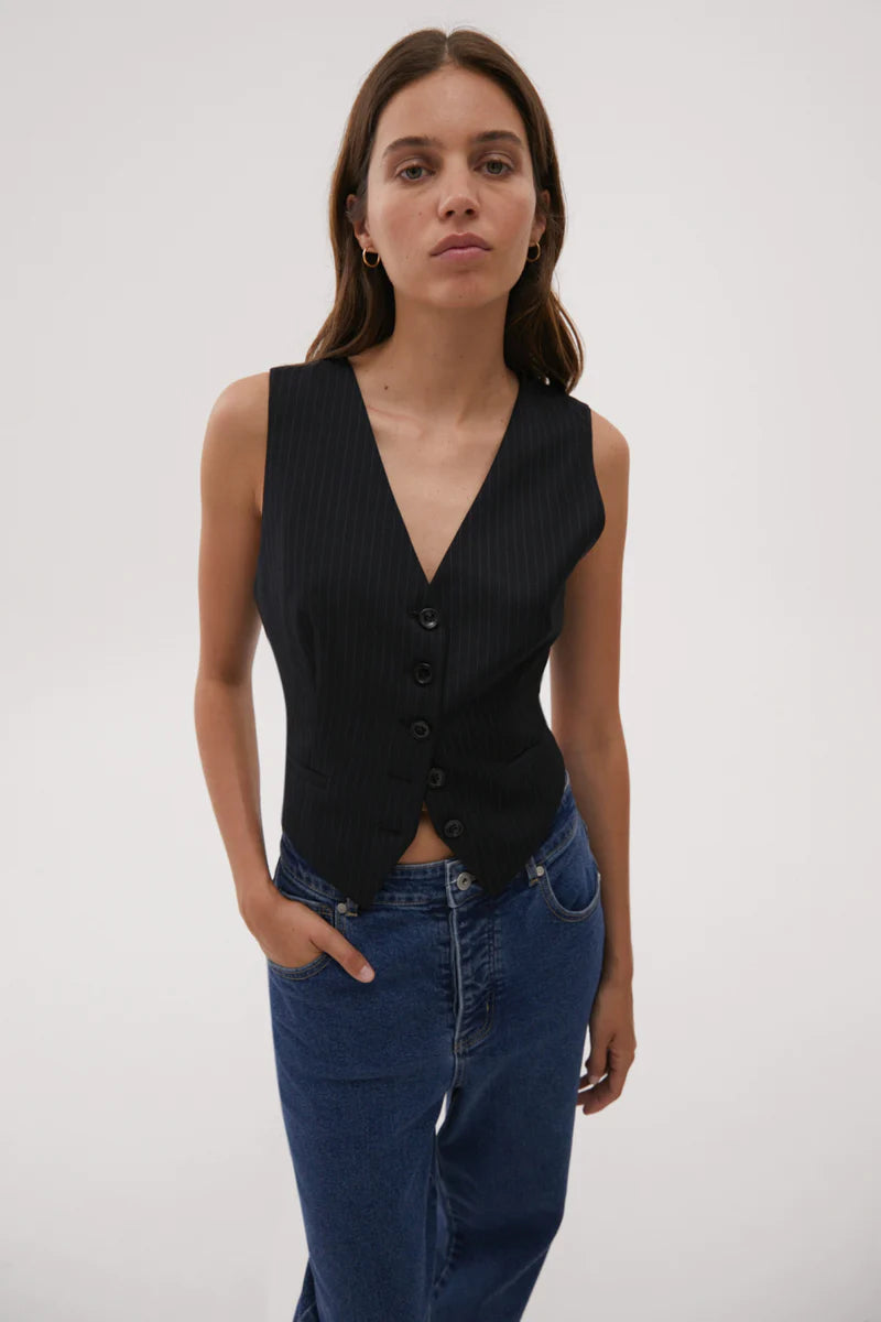 Elysian Collective Misha Urban Odalis Vest Navy Pinstripe