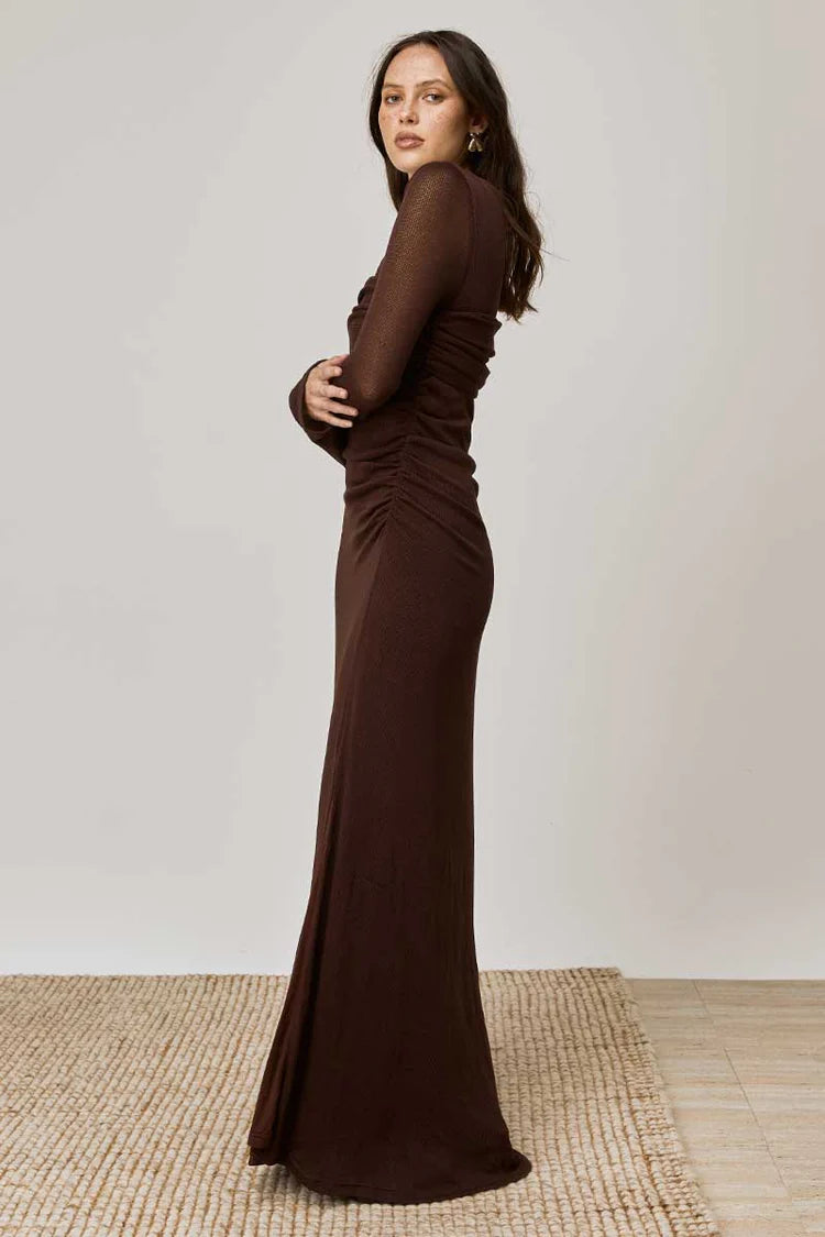 Elysian Collective Mon Renn Overlay Sleeved Midi Dress Chocolate