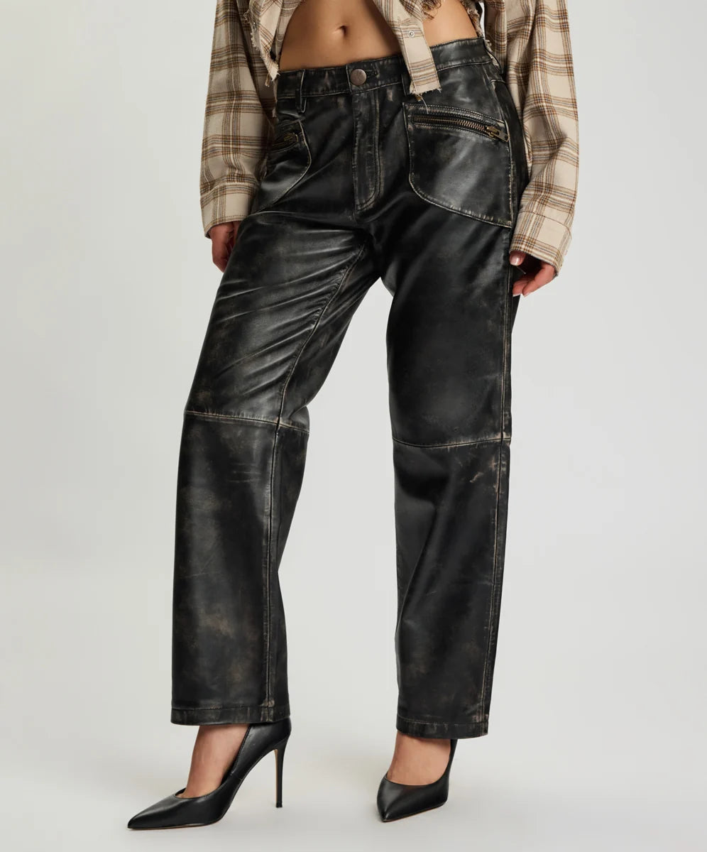 Elysian Collective One Teaspoon Atlas Carrot Leg Mid Waist Leather Pants Worn Black