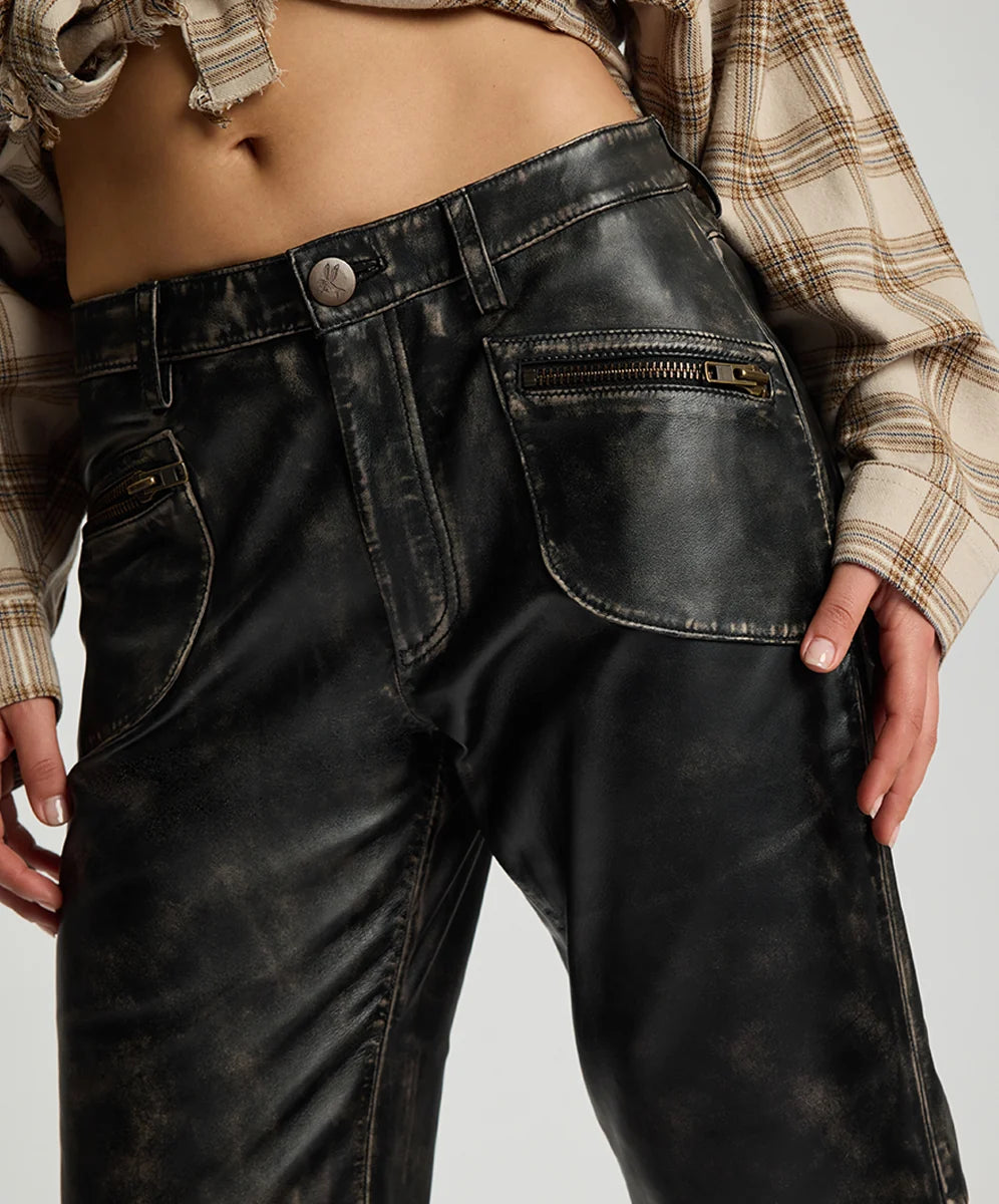 Elysian Collective One Teaspoon Atlas Carrot Leg Mid Waist Leather Pants Worn Black