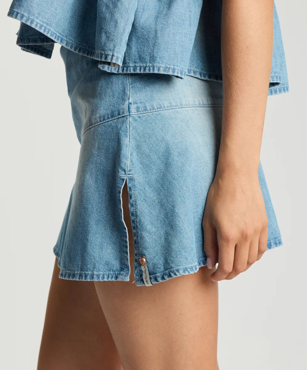 Elysian Collective One Teaspoon Cascade Denim Mini Skirt Chambray Blue