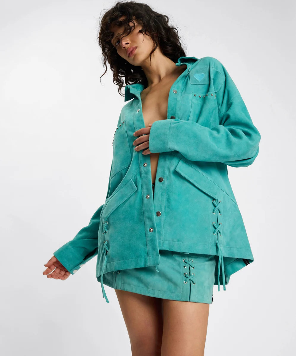 Elysian Collective One Teaspoon Cross My Heart Suede Jacket Mint Green