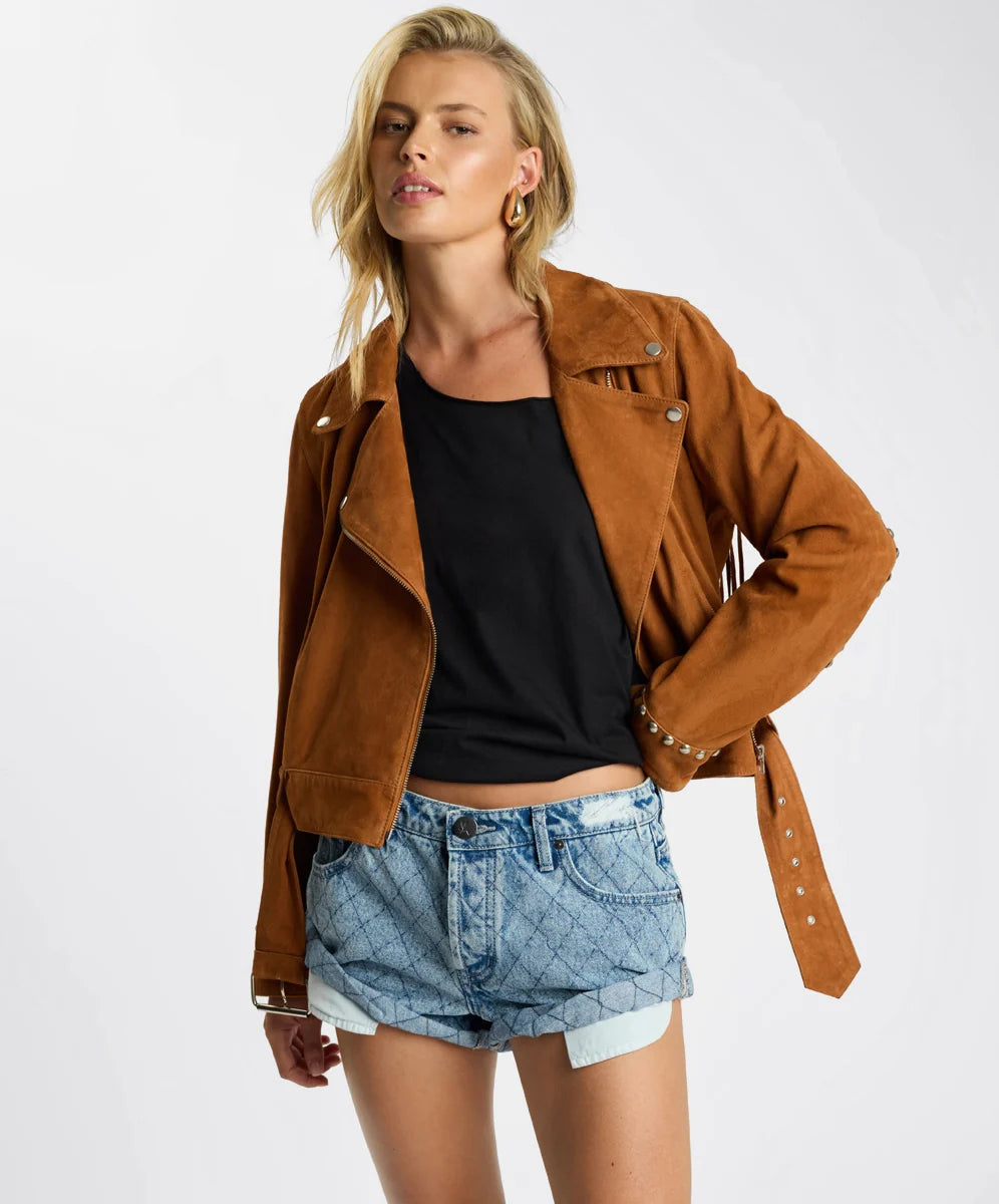 Elysian Collective One Teaspoon Whiskey Fringed Studded Suede Jacket Brown