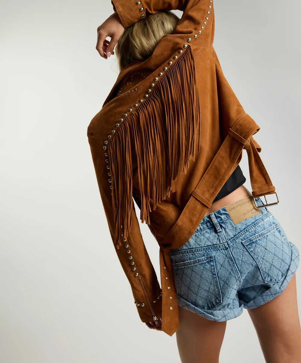 Elysian Collective One Teaspoon Whiskey Fringed Studded Suede Jacket Brown