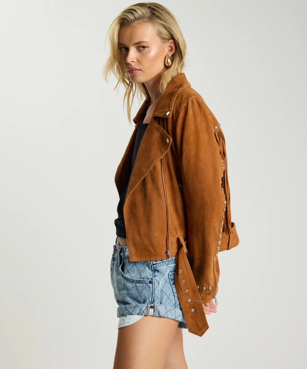 Elysian Collective One Teaspoon Whiskey Fringed Studded Suede Jacket Brown
