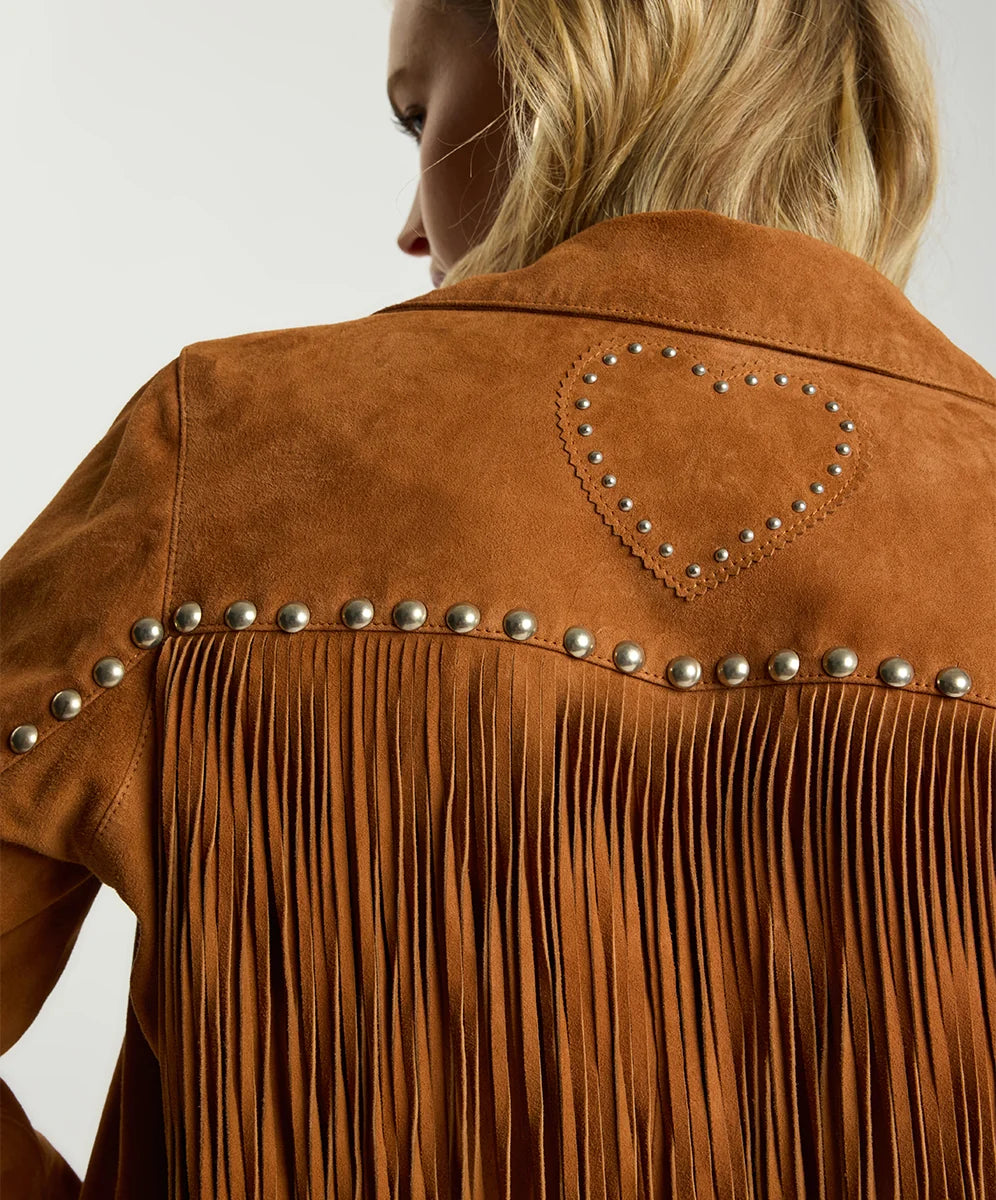 Elysian Collective One Teaspoon Whiskey Fringed Studded Suede Jacket Brown