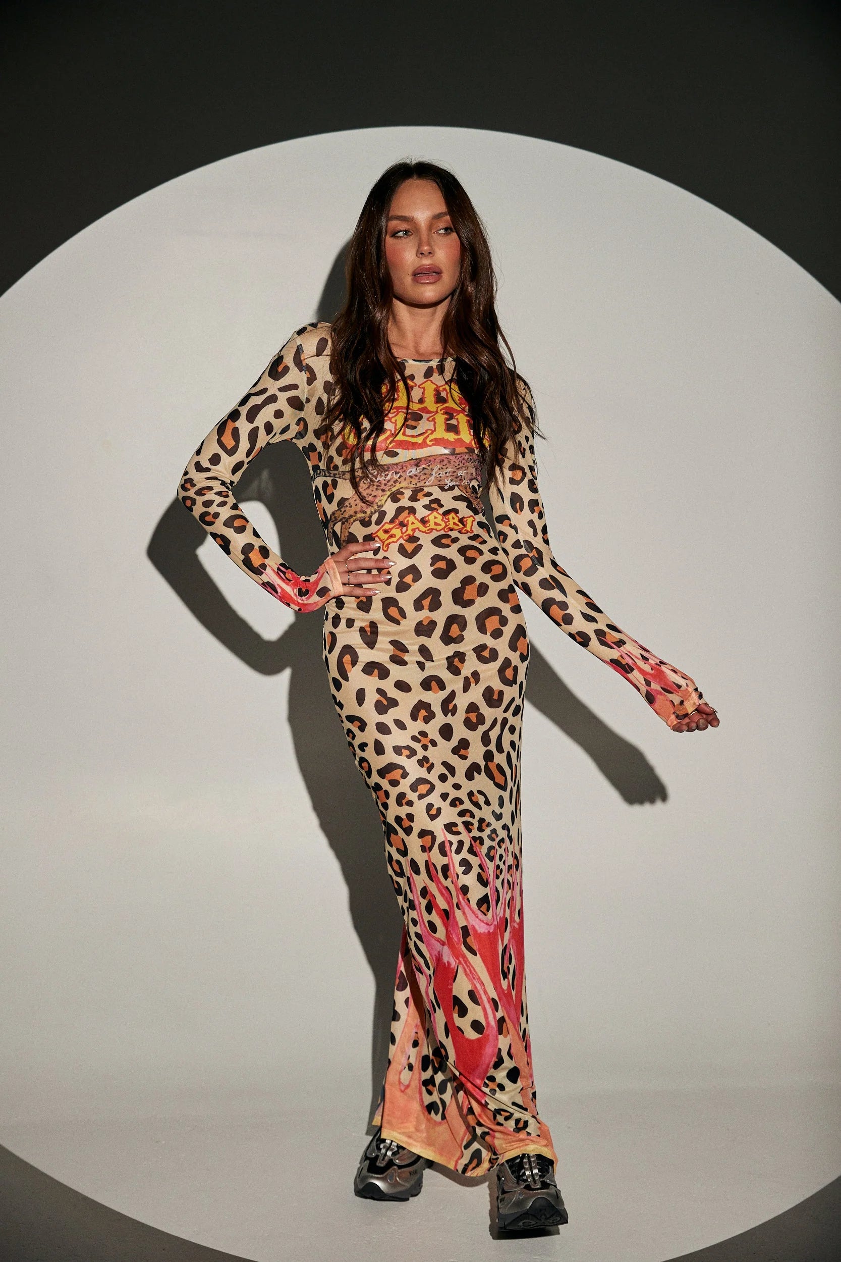 Elysian Collective Pantera Mesh Long Sleeve Maxi Dress Leopard Flames