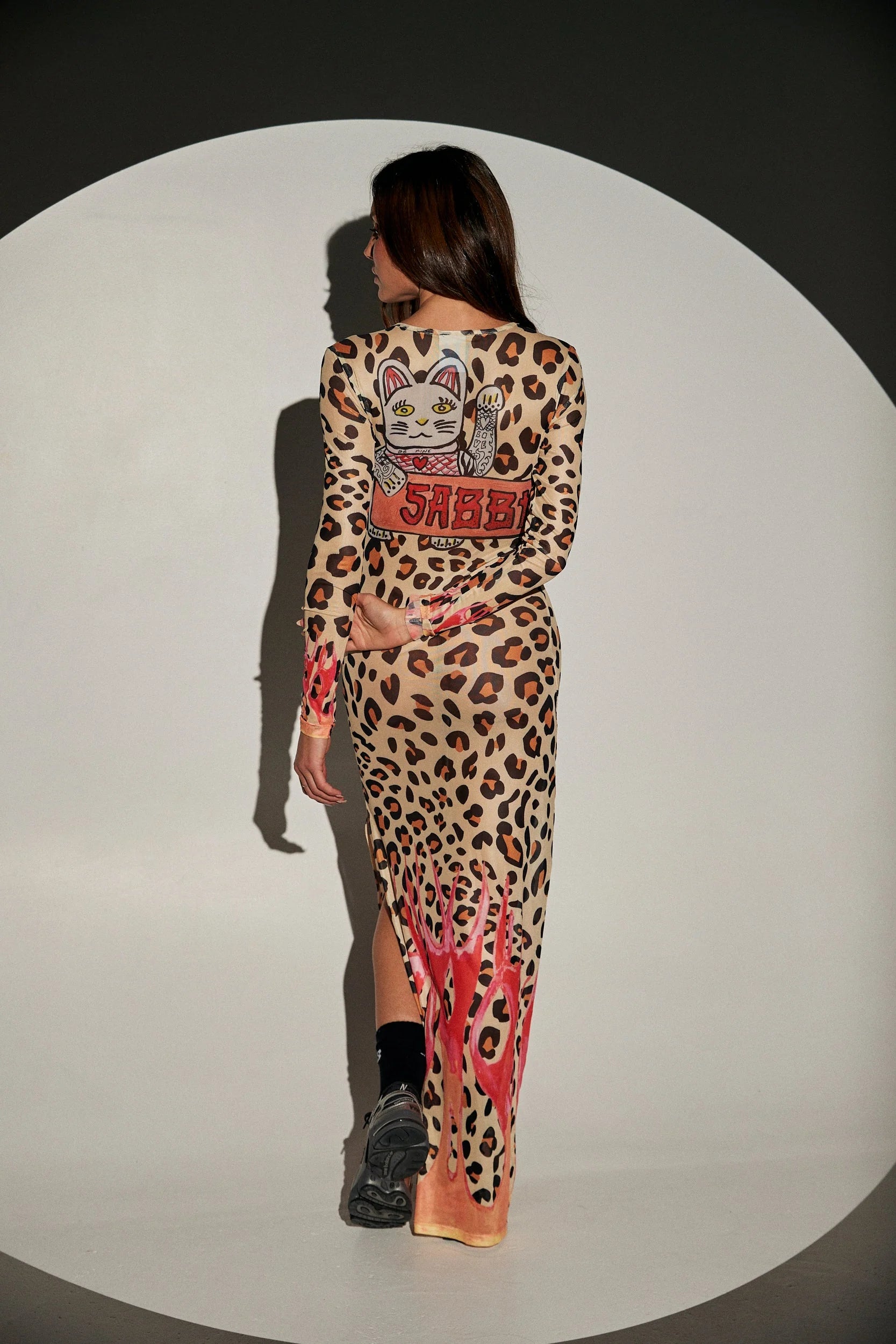 Elysian Collective Pantera Mesh Long Sleeve Maxi Dress Leopard Flames
