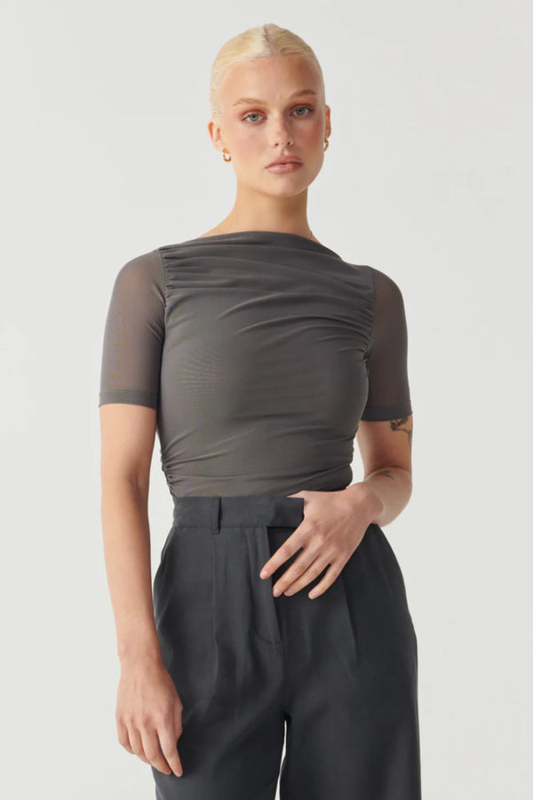 Elysian Collective Raef The Label Emery Short Sleeve Mesh Top Charcoal