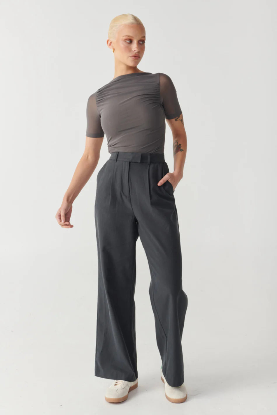 Elysian Collective Raef The Label Emery Short Sleeve Mesh Top Charcoal