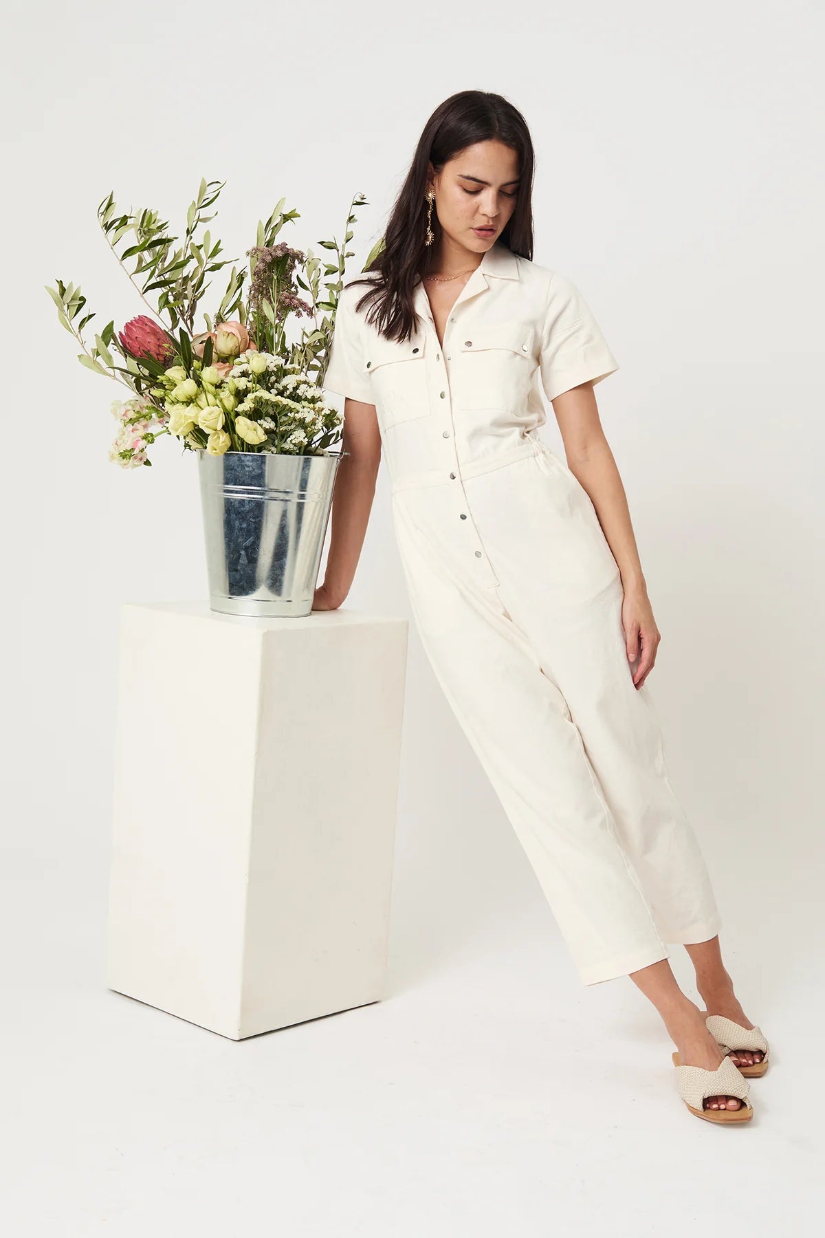 Elysian Collective Rue Stiic Daisy Embo Jumpsuit Gaura White