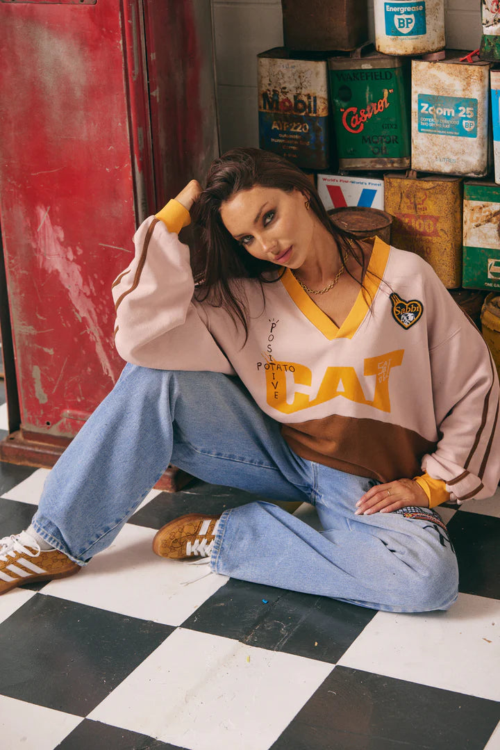 SABBI - CAT V NECK CREW (PEACH & BROWN)
