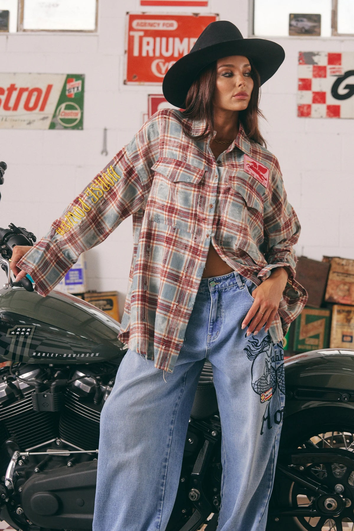 Elysian Collective Sabbi The Horsepower Distressed Flannel Shirt Burgundy