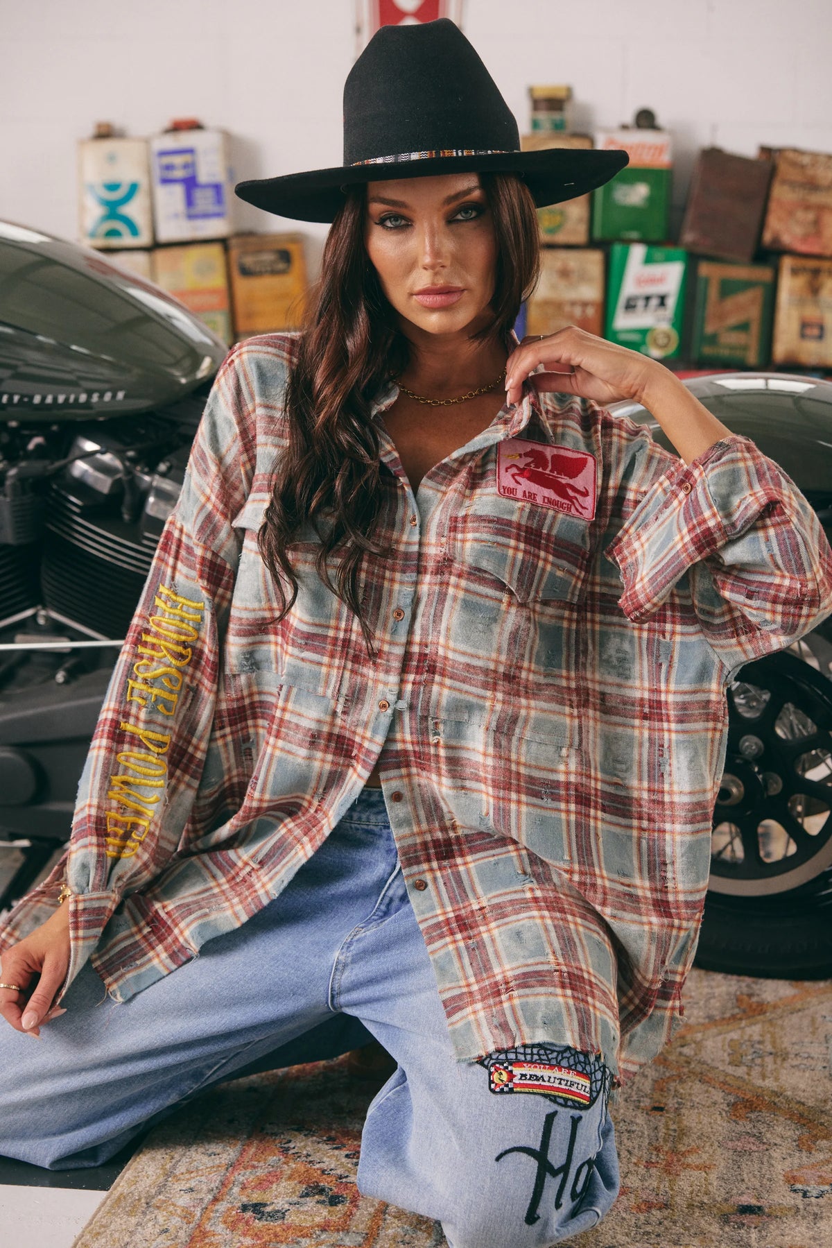 Elysian Collective Sabbi The Horsepower Distressed Flannel Shirt Burgundy