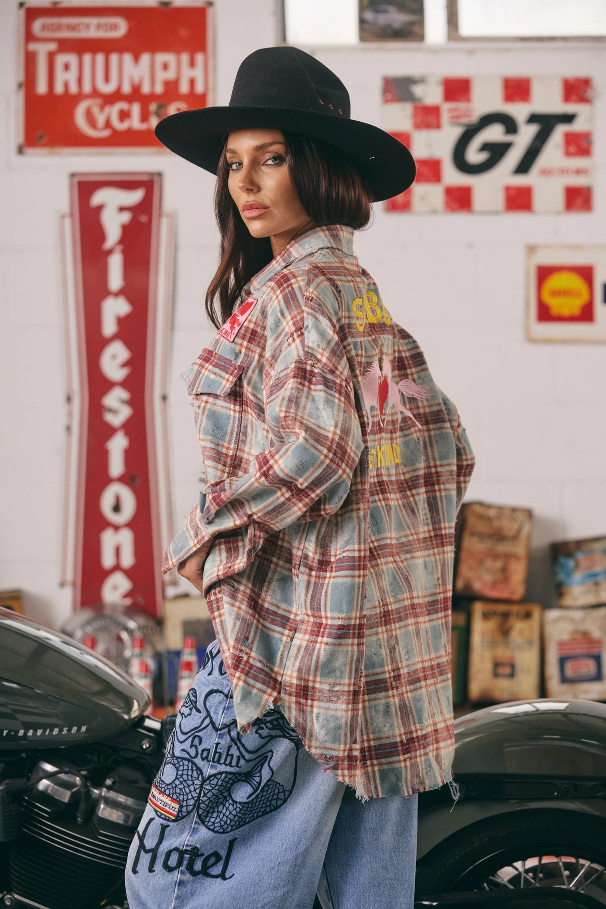 Elysian Collective Sabbi The Horsepower Distressed Flannel Shirt Burgundy