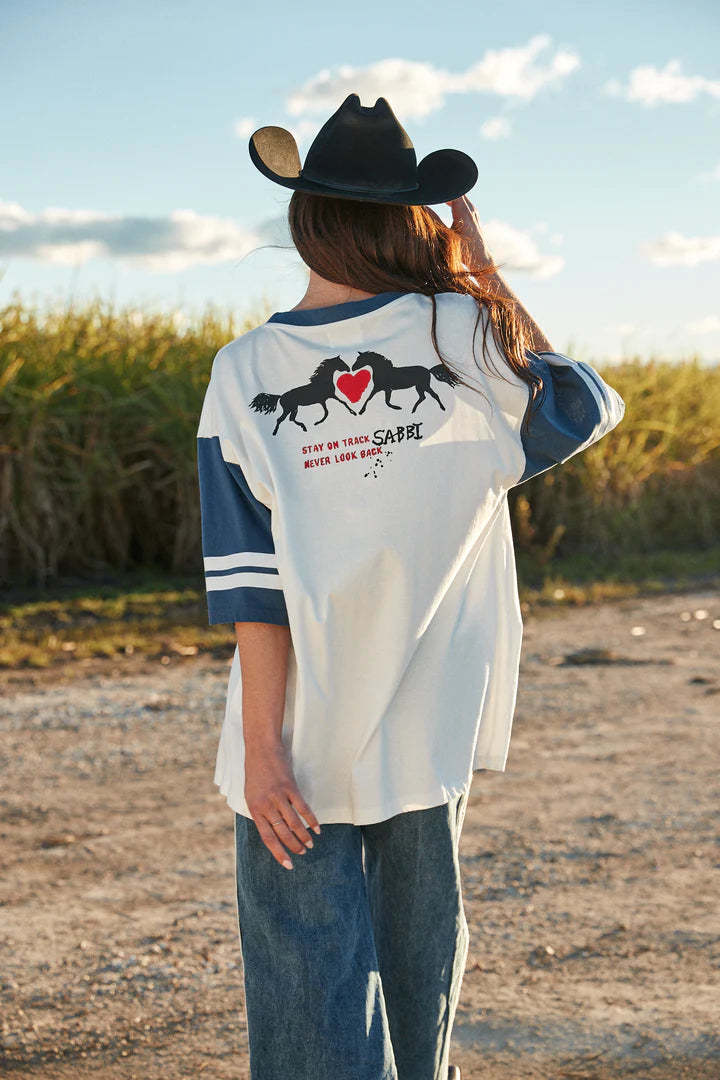 Elysian Collective Sabbi The Very Oversized Country Music V Neck Tee Marshmallow Blue