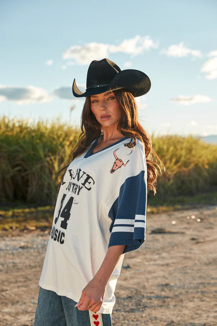 Elysian Collective Sabbi The Very Oversized Country Music V Neck Tee Marshmallow Blue