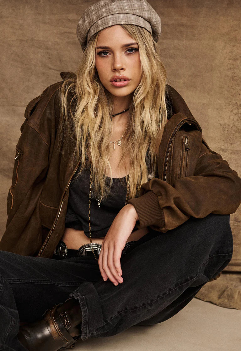 Elysian Collective Spell Fontaine Leather Bomber Vintage Brown