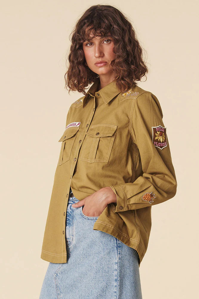 Elysian Collective Spell Foxglove Embroidered Shirt Olive