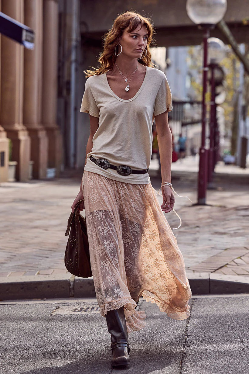 Elysian Collective Spell Labyrinth Lace Maxi Skirt Peach Bliss