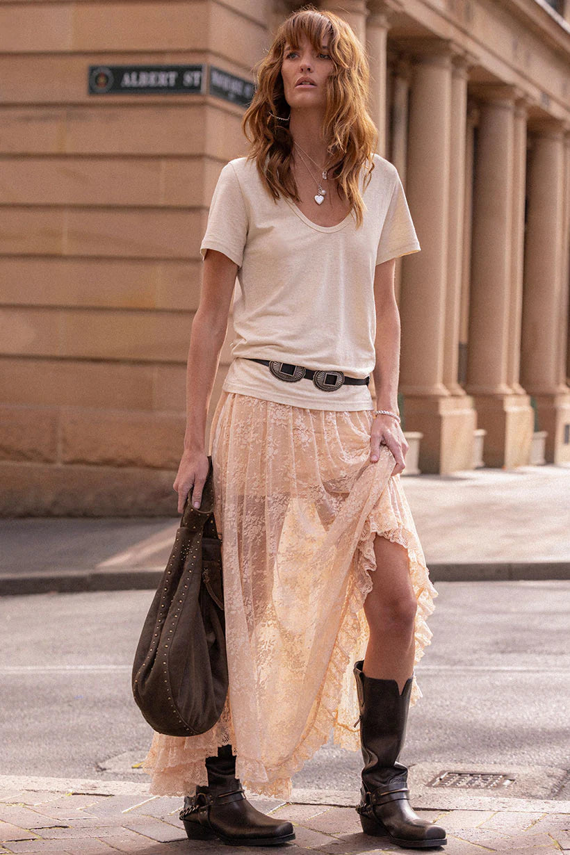Elysian Collective Spell Labyrinth Lace Maxi Skirt Peach Bliss